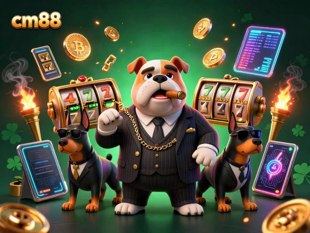 Experience exciting slot gameplay with cm88's cartoon mafia boss and bodyguard Doberman pinschers surrounded by neon crypto coins.