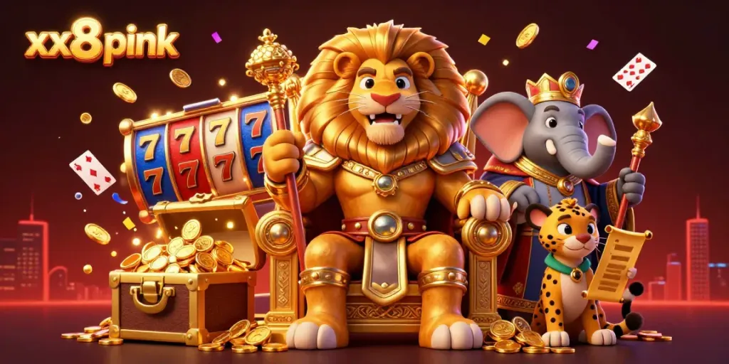 Experience the thrill of xx8 pink casino with a fierce lion king and dynamic croupiers in a vibrant setting.