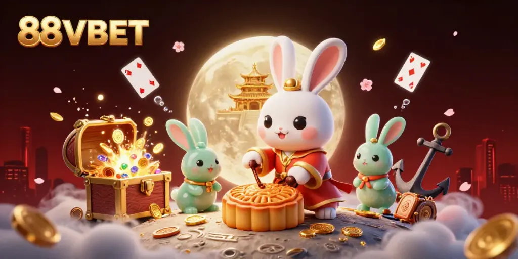 Engage with 88VBET's vibrant casino universe, featuring a festive moon rabbit scene and floating poker chips.