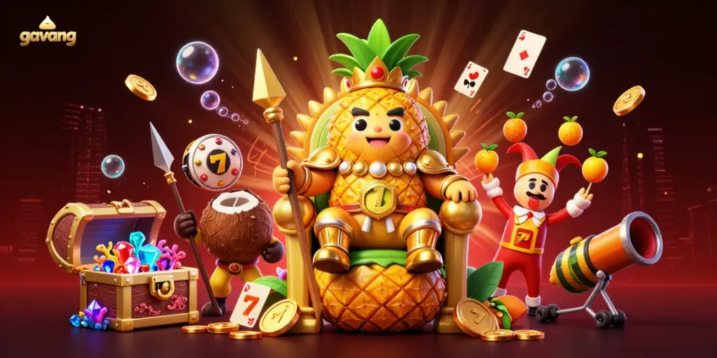 Experience thrilling gameplay with Gavang's golden pineapple king in a lively casino scene.