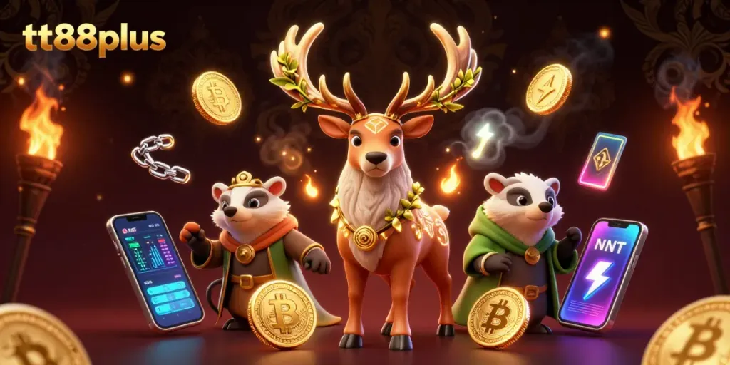 tt88plus showcases a vibrant 3D casino scene with characters and crypto elements celebrating jackpots.