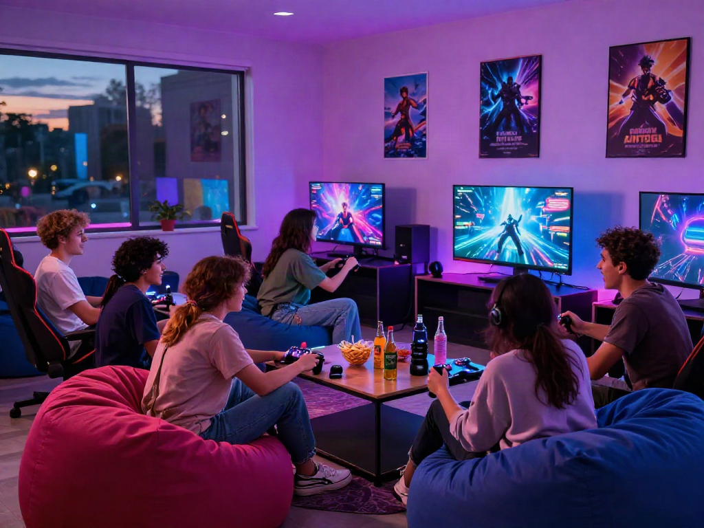 Friends enjoying intense gaming sessions with innovative porn games in a vibrant lounge setting.