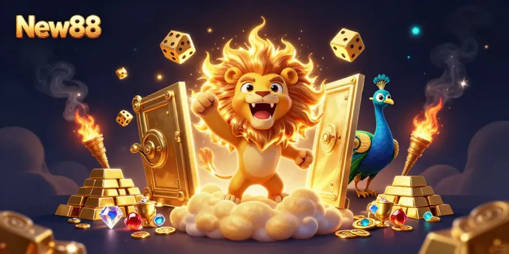 Engage in the exciting realm of New88 with a captivating illustration of vibrant casino elements and characters.