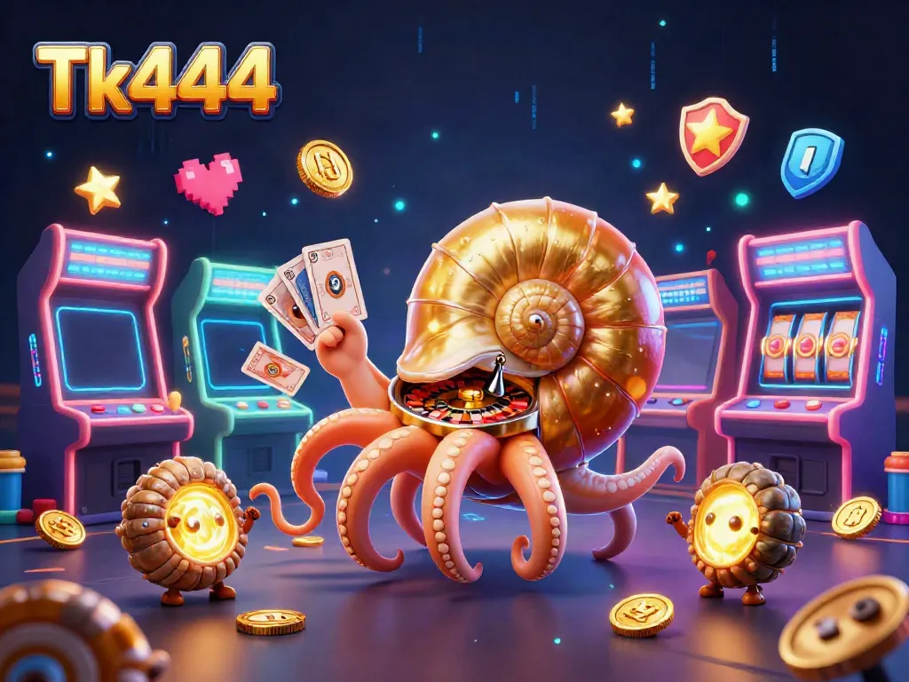 Experience exhilarating gaming action with Tk444 featuring a nautilus roulette wheel, cards, and vibrant elements