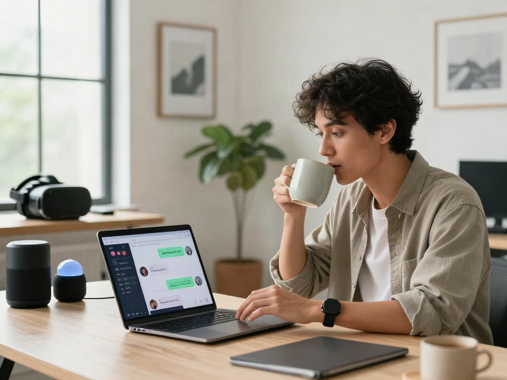 Engaging user utilizing spicy chat AI on a sleek laptop in a modern workspace
