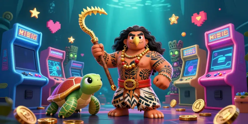 Engage with the vibrant go88 gaming experience featuring a Maui-style demigod hawk and arcade elements.