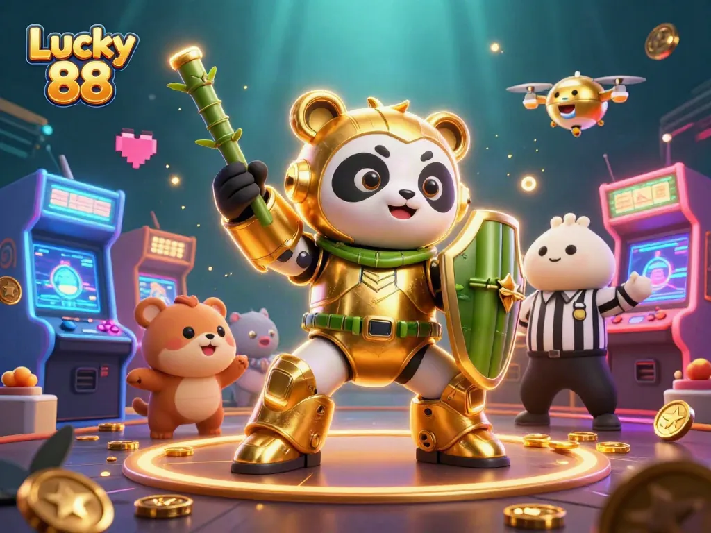 Engage with Lucky 88 in this dynamic 3D scene showcasing vibrant casino elements and gaming excitement.