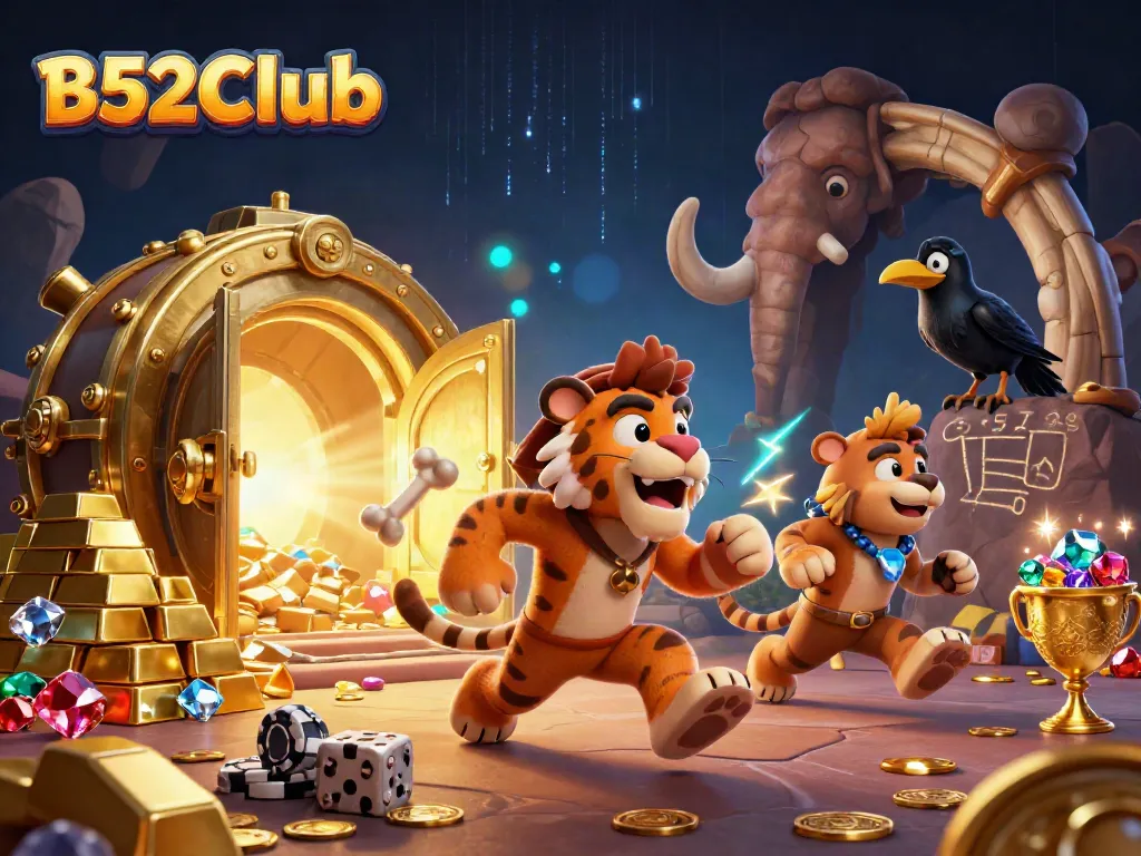 B52Club offers thrilling casino fun with vibrant treasures and characters in a dynamic scene