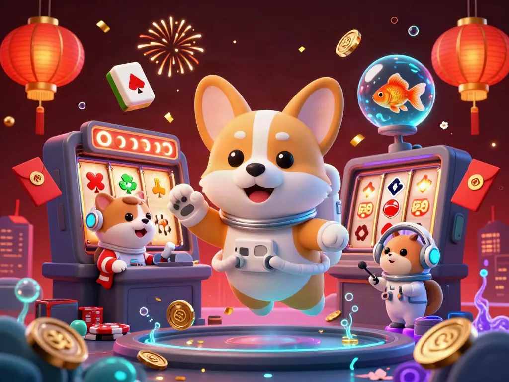 The corgi astronaut engages in a thrilling space station casino experience with ee88, surrounded by drifting poker chips and vibrant slot reels.