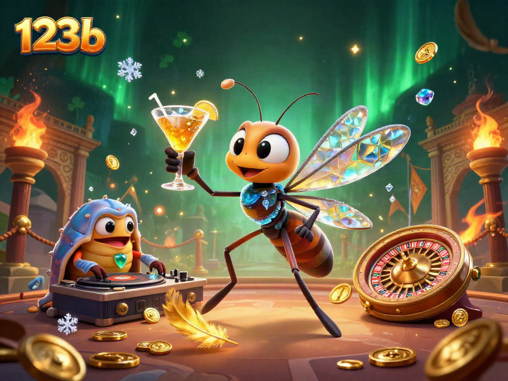 Join the fun with 123b's vibrant casino scene featuring unique characters and rich gaming elements.