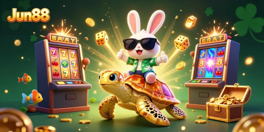 Experience the joy of Jun88 with a cartoon lucky rabbit and golden sea turtle in a vibrant casino illustration.