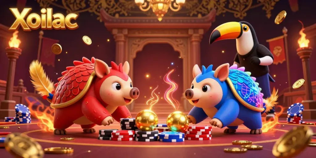 Xoilac pangolins engage in thrilling poker match among chips and golden elements, showcasing excitement.