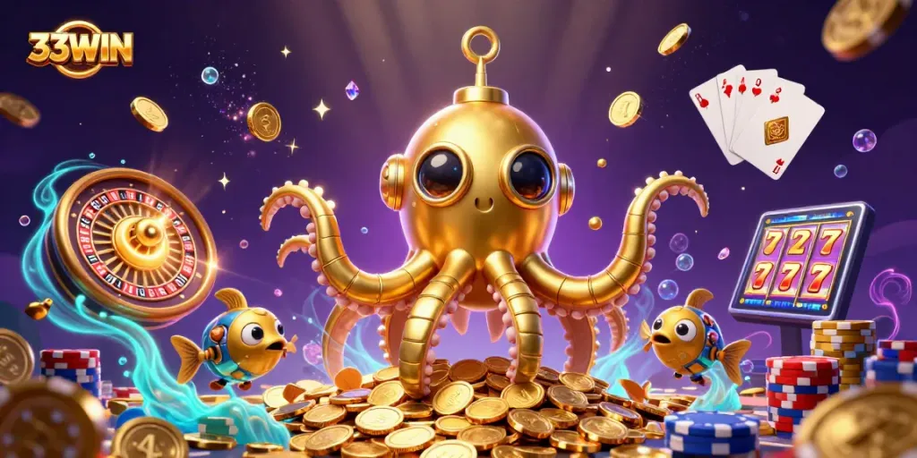 Engage with 33WIN's gaming adventure featuring a golden kraken submarine amidst cascading coins and vibrant casino elements.