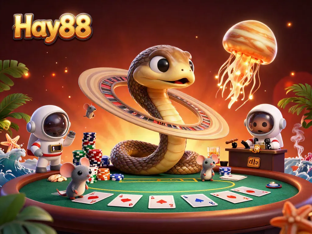 Experience excitement with Hay88 as astronaut mice bet on cosmic roulette in a stunning 3D casino scene.