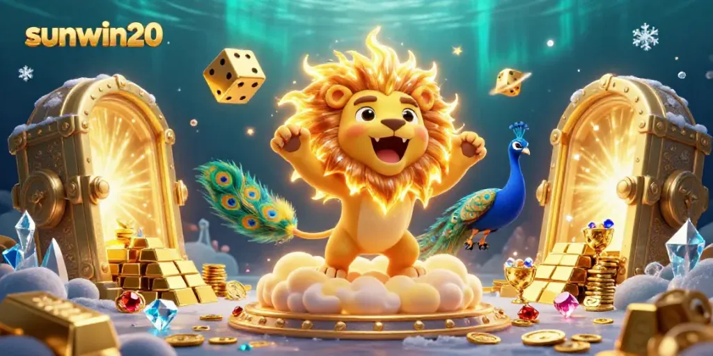 The sunwin20 platform showcases an exciting 3D illustration of a roaring sun lion and sparkling treasures amidst casino games.