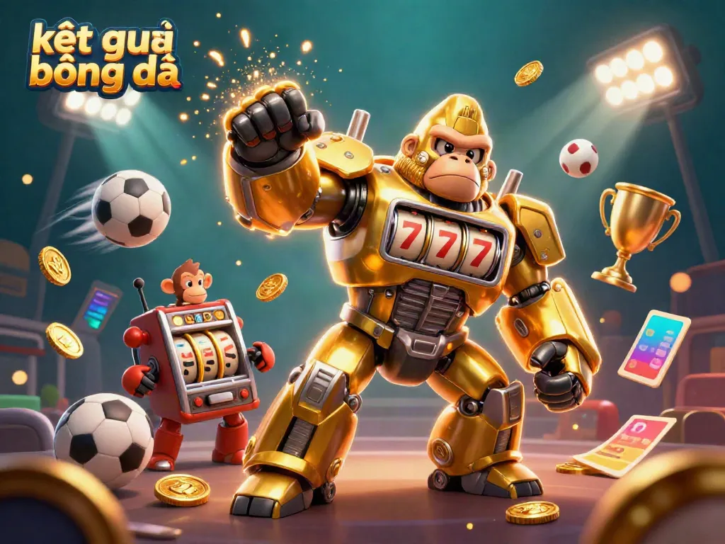 Engage with the latest kết quả bóng đá in a vibrant sports betting scene featuring a gleaming golden gorilla mech.