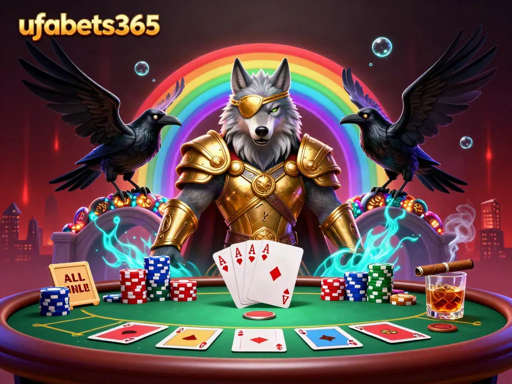 Experience thrilling action at ufabets365 with a vibrant Norse mythology-themed casino scene featuring Odin and his ravens.