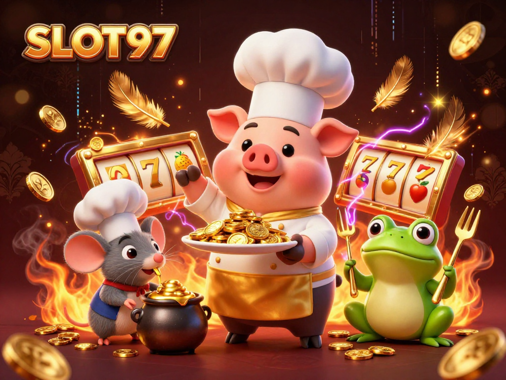 SLOT97 showcases a gourmet scene with a chef pig, mouse, and frog in an exciting casino environment.