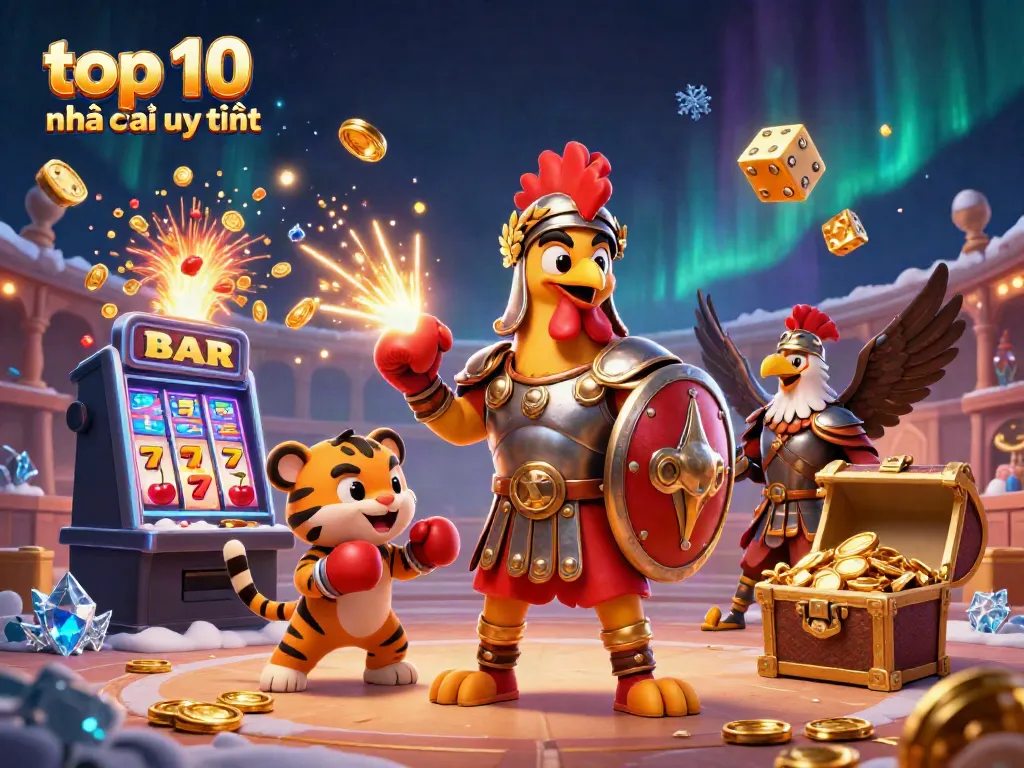 Engage with the top 10 nhà cái uy tín by enjoying a thrilling 3D casino scene featuring a rooster and tiger in action.