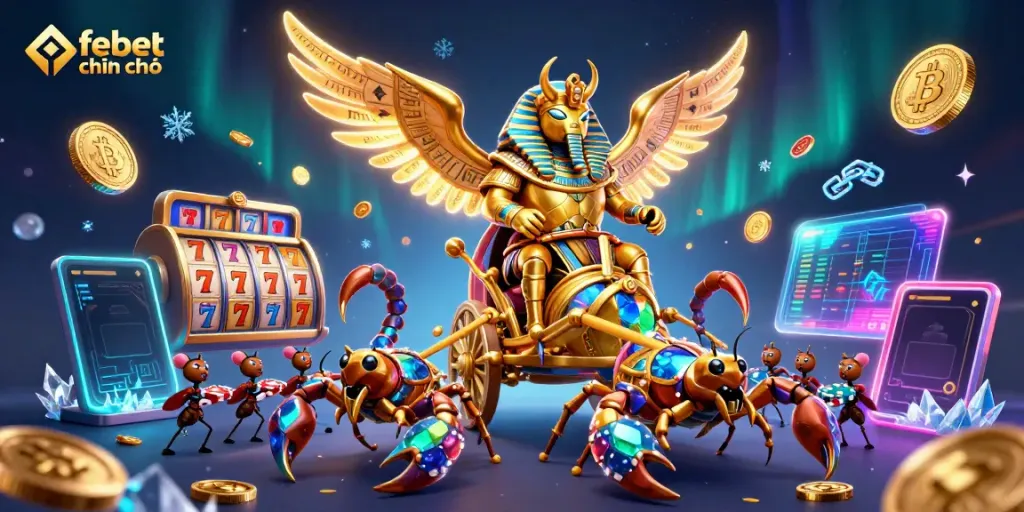 Experience the excitement of febet chính chủ with a rich 3D illustration of vibrant casino elements and characters.