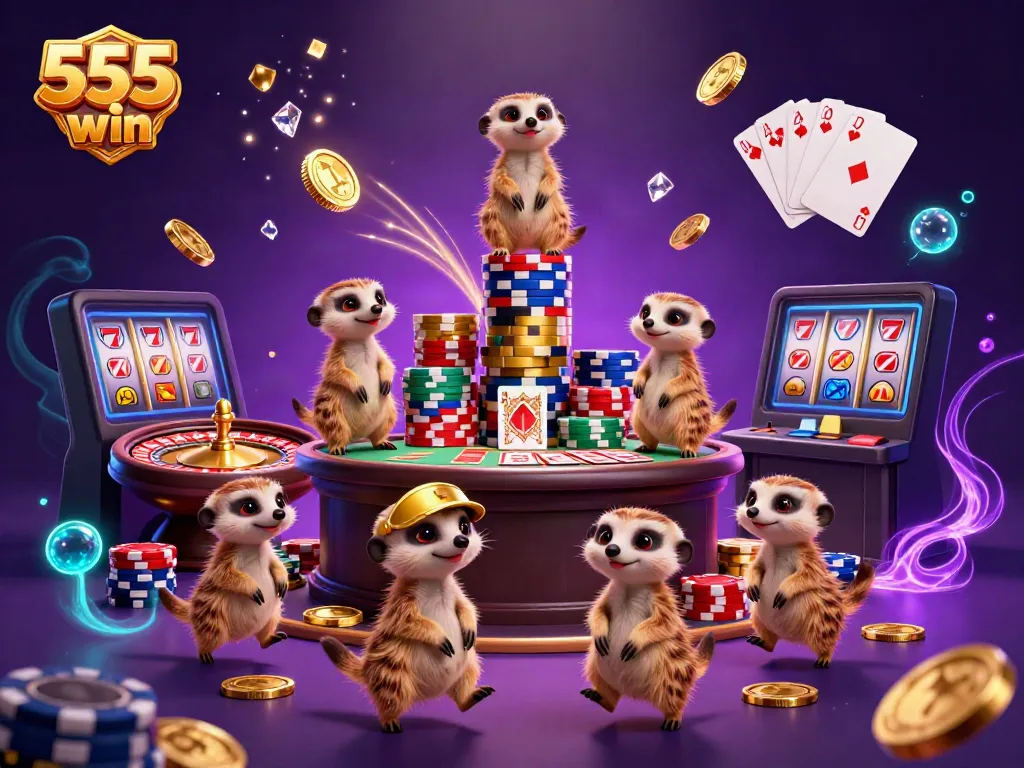 Experience winning thrills with 555 win in a vibrant 3D cartoon casino scene brimming with excitement.