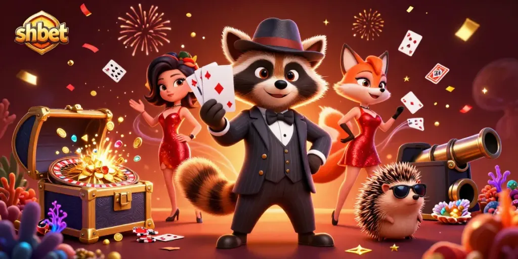 Win big with sh bet as a suited raccoon shows a royal flush at a vibrant casino scene.