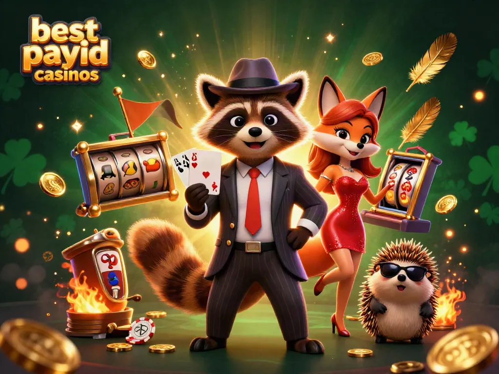 Bet at the best PayID casinos illustrated with a suave raccoon, stunning fox, and a cool hedgehog amid casino elements.