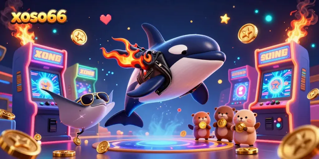 xoso66 brings excitement with sea creatures celebrating wins, arcade games, and golden coins in vibrant illustration.