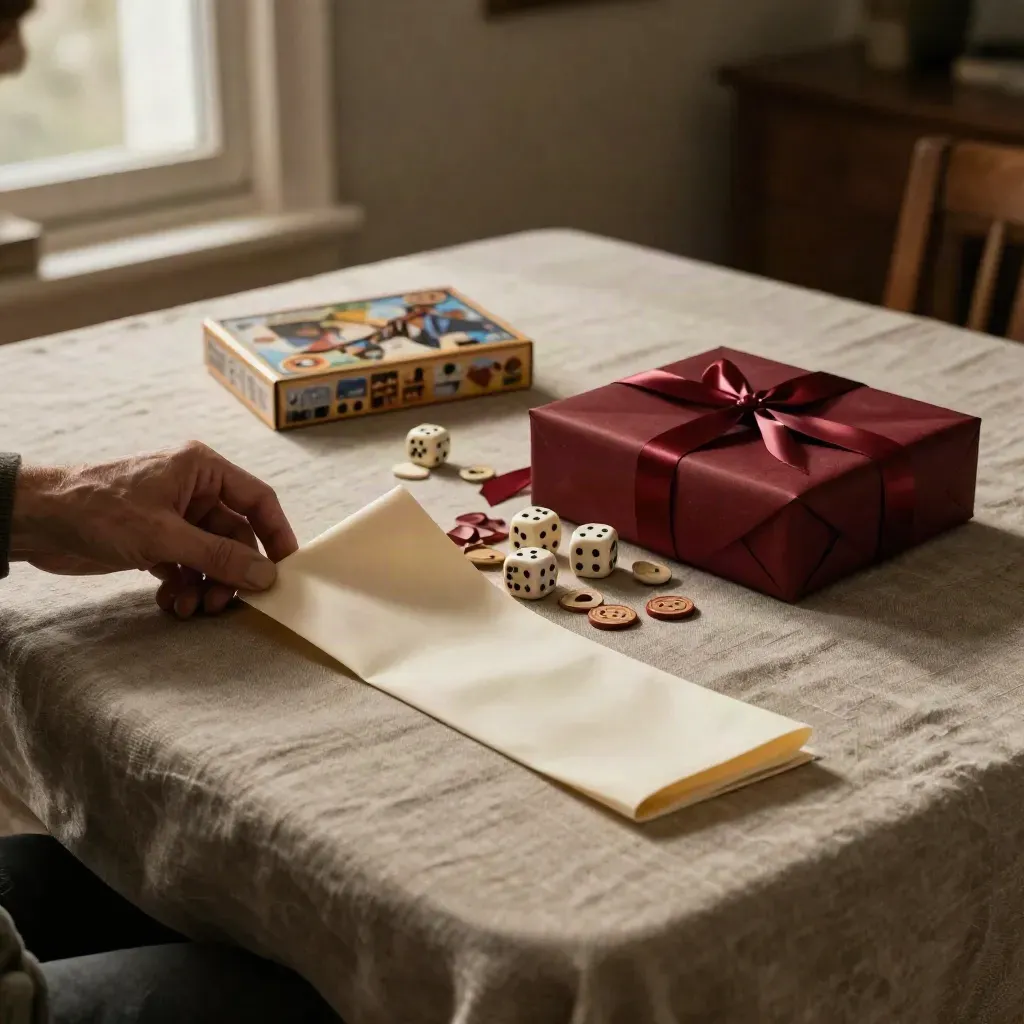 Giochi da tavolo e puzzle su tavolo in lino con dadi e fascia regalo rossa.