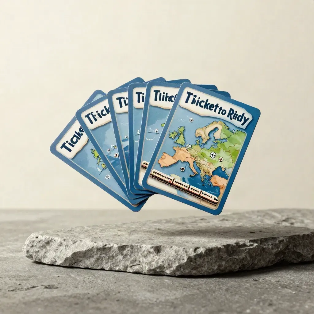 Scatola del gioco Ticket to Ride Europa con carte blu e trenini avorio su pietra.