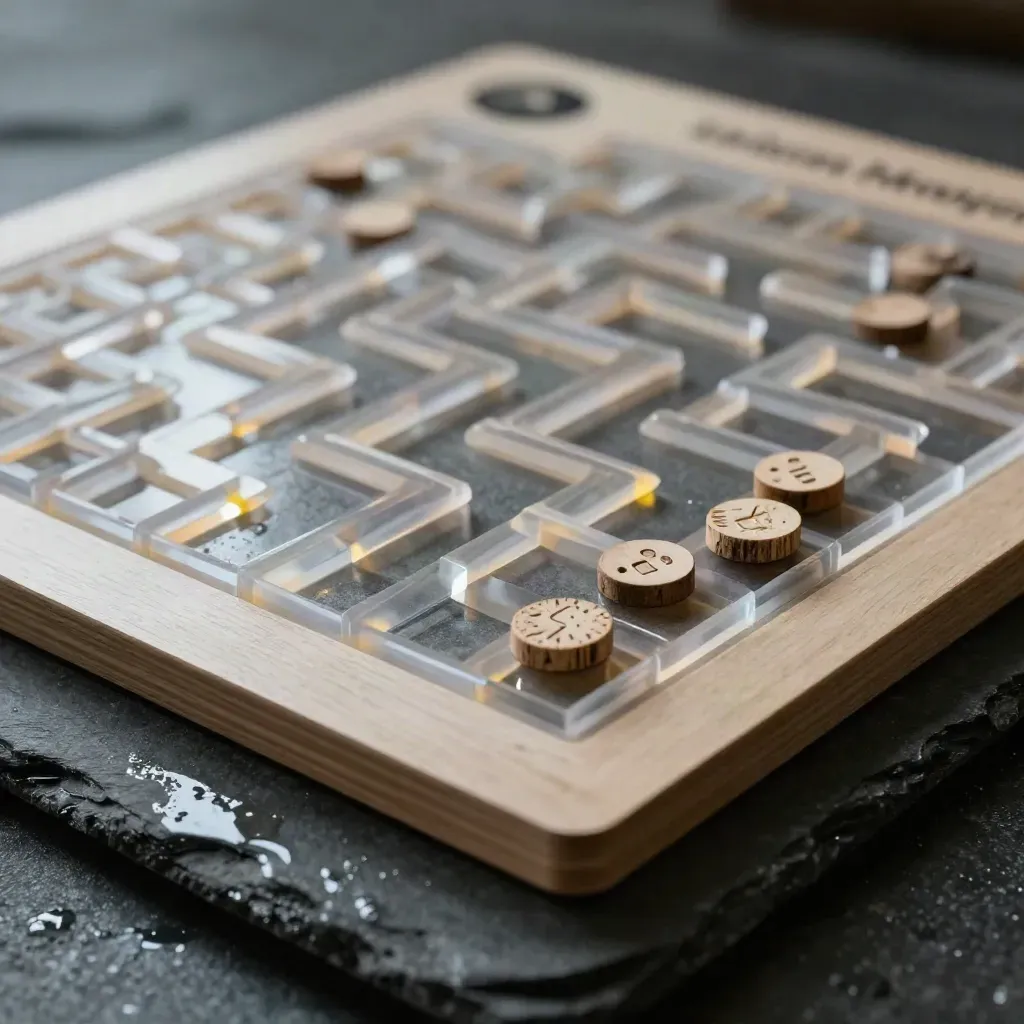 Primo piano del tabellone Labirinto Magico con tessere e token su pietra bagnata