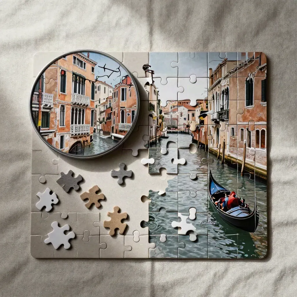 Puzzle di Venezia da 1000 pezzi su lino, con tessere parziali e scatola girata