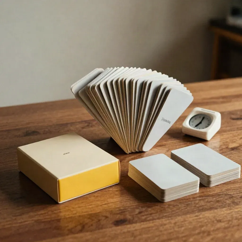 Box BrainBox con carte quiz, timer e pile ordinate su tavolo di noce, luce soffusa.