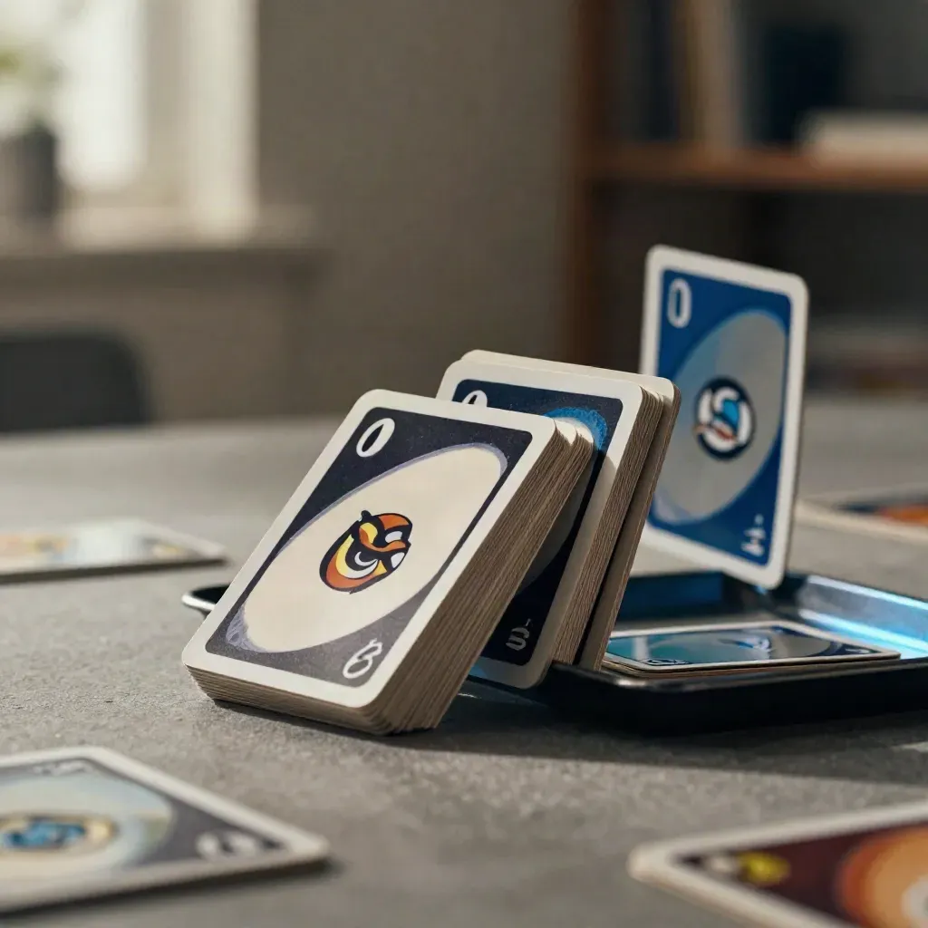Carta UNO Flip in volo su grafite, con accenti blu e atmosfera dinamica.