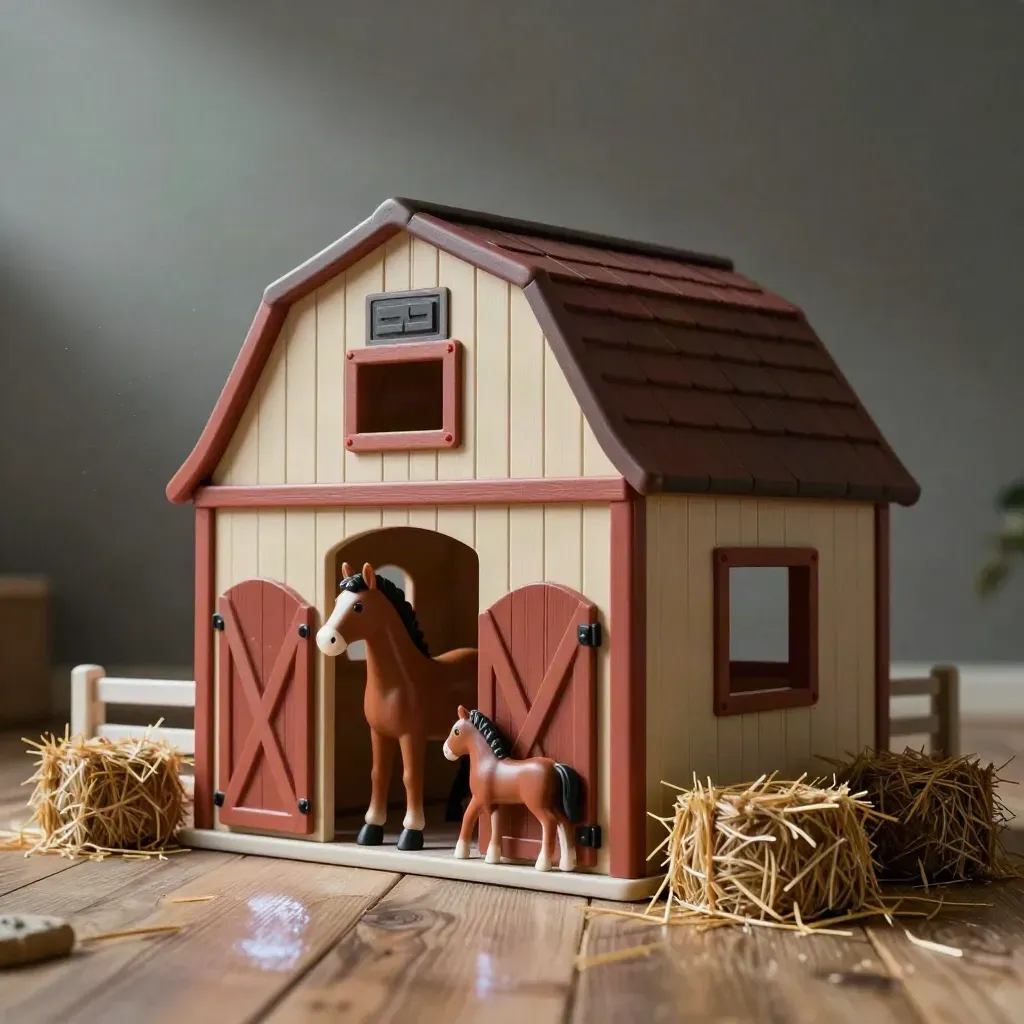 Set barn giocattolo con cavallino e fieno su legno chiaro, luce drammatica.