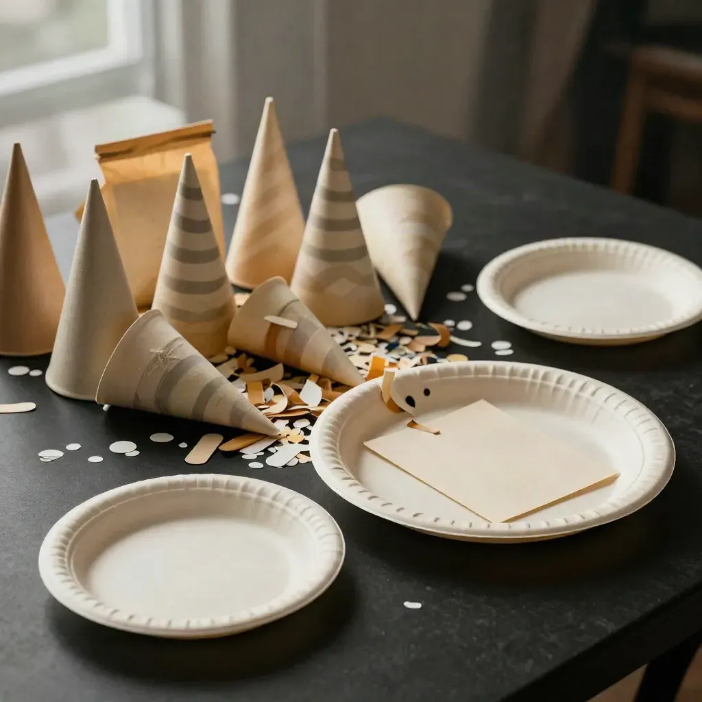 Kit festa con piatti, inviti capovolti, coriandoli e sacchetti regalo su sfondo nero.