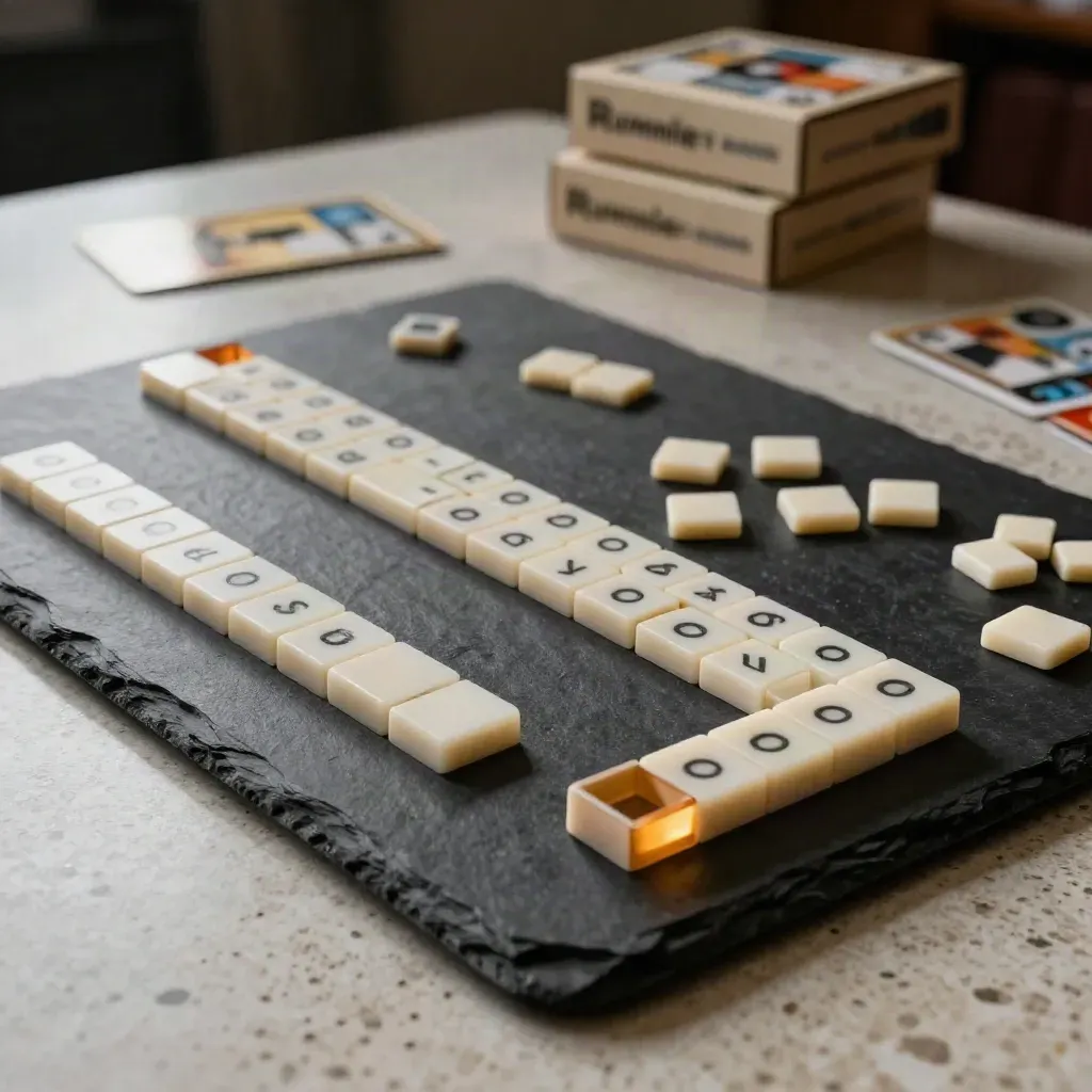 Tessere Rummikub avorio su lavagna scura in luce drammatica da studio