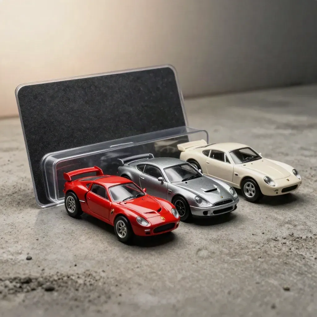 Cinque macchinine die-cast escono dal blister su pista neutra, luce morbida da studio.