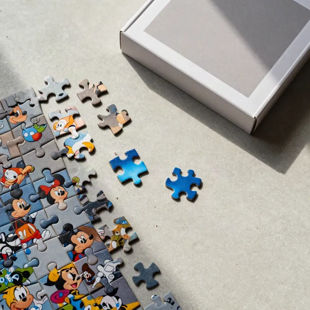 Puzzle Disney con pezzi colorati e scatola girata su lastra di pietra chiara