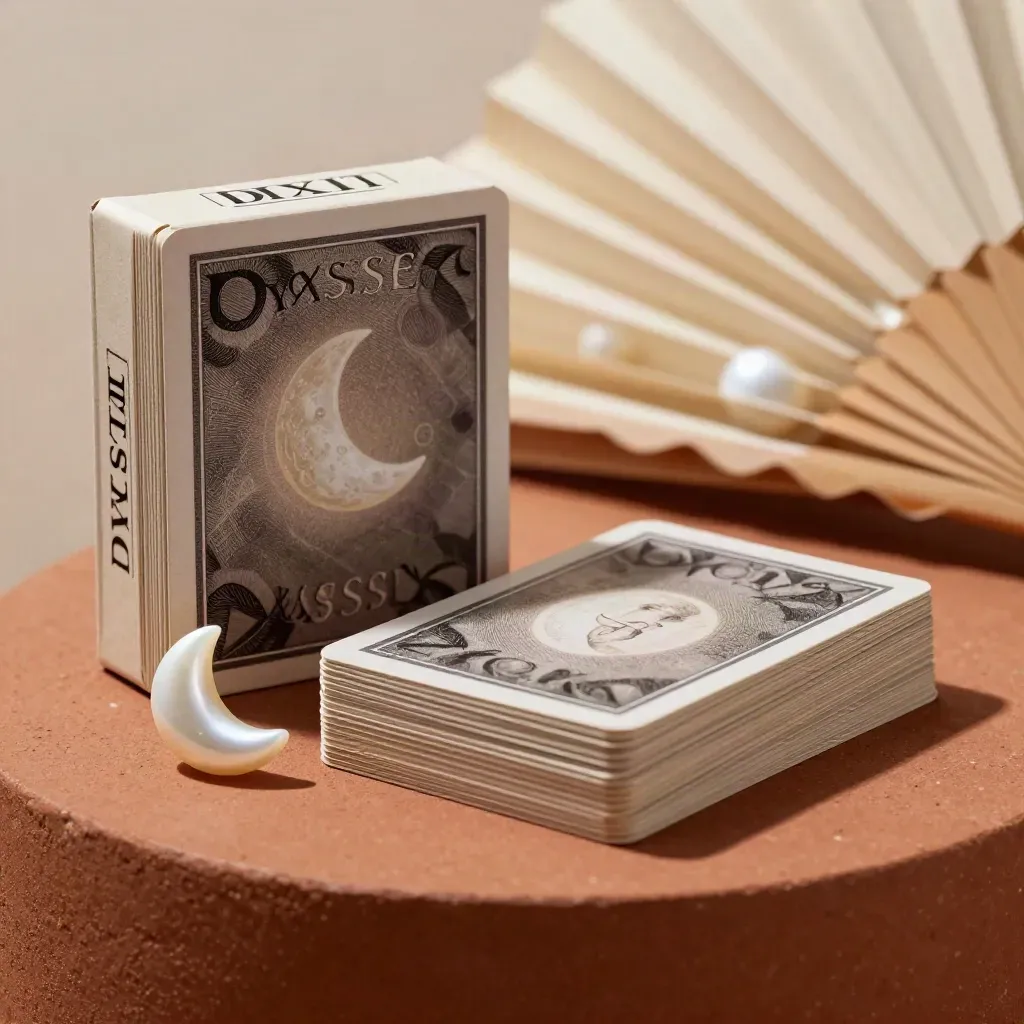 Scatola Dixit Odyssey non marchiata con carte, token a luna e ventagli di carta su fondo terracotta
