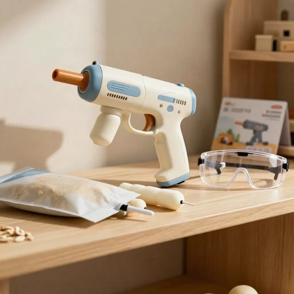 Blaster giocattolo junior con occhiali e dardi su scaffale chiaro, luce morbida.