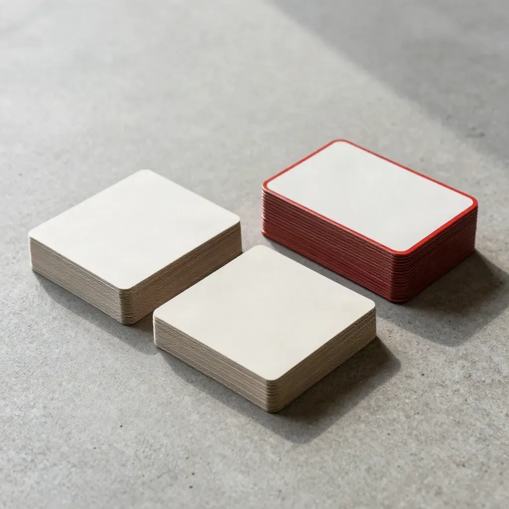 Carte quiz unbranded con mazzo sfogliato e custodia su cemento grigio