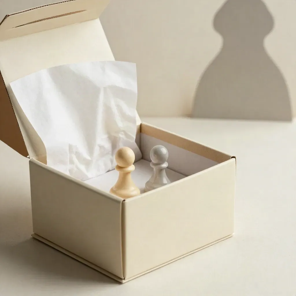Scatola regalo per giochi bimbi aperta con tissue e due piccoli pezzi, luce morbida e fondo chiaro