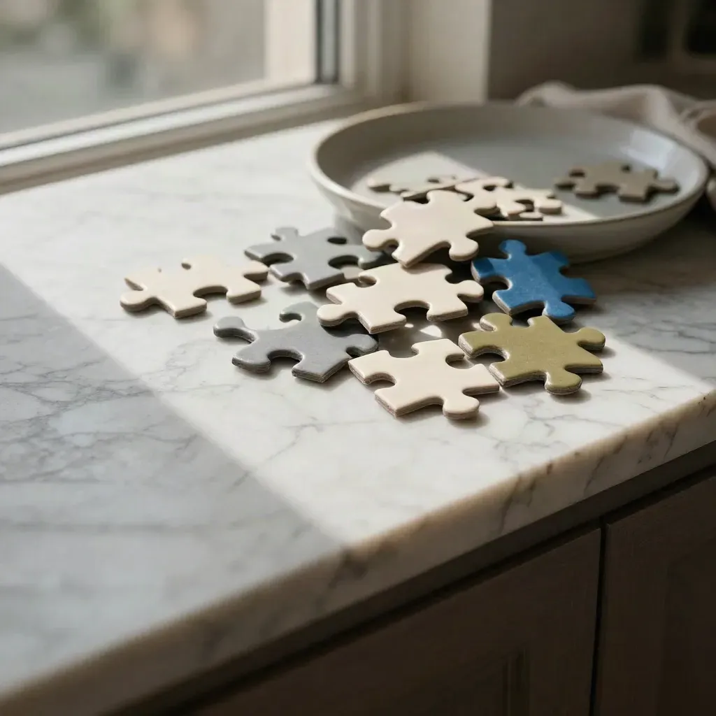 Rompicapo con pezzi di puzzle su marmo chiaro vicino a una finestra.