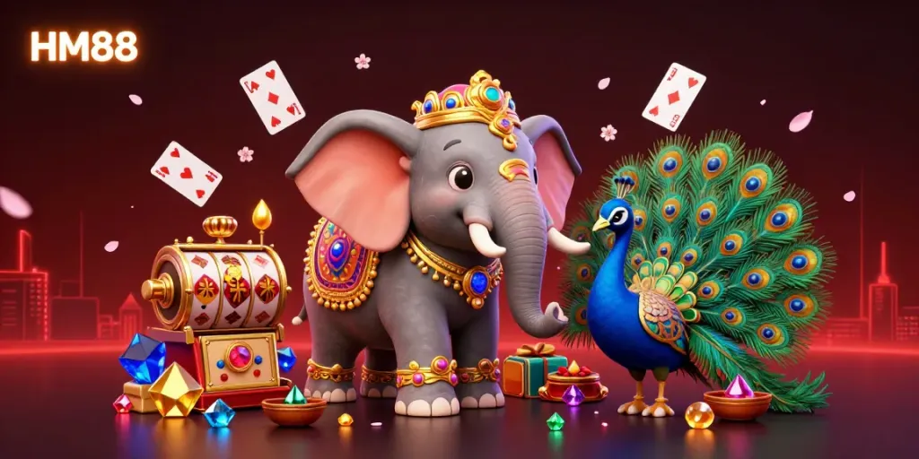 Experience excitement at HM88 like never before with vibrant casino-themed illustration featuring playful elements and treasures.