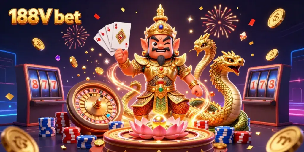 Experience the excitement of 188V bet in a vibrant 3D casino scene with a temple guardian and dynamic game elements.