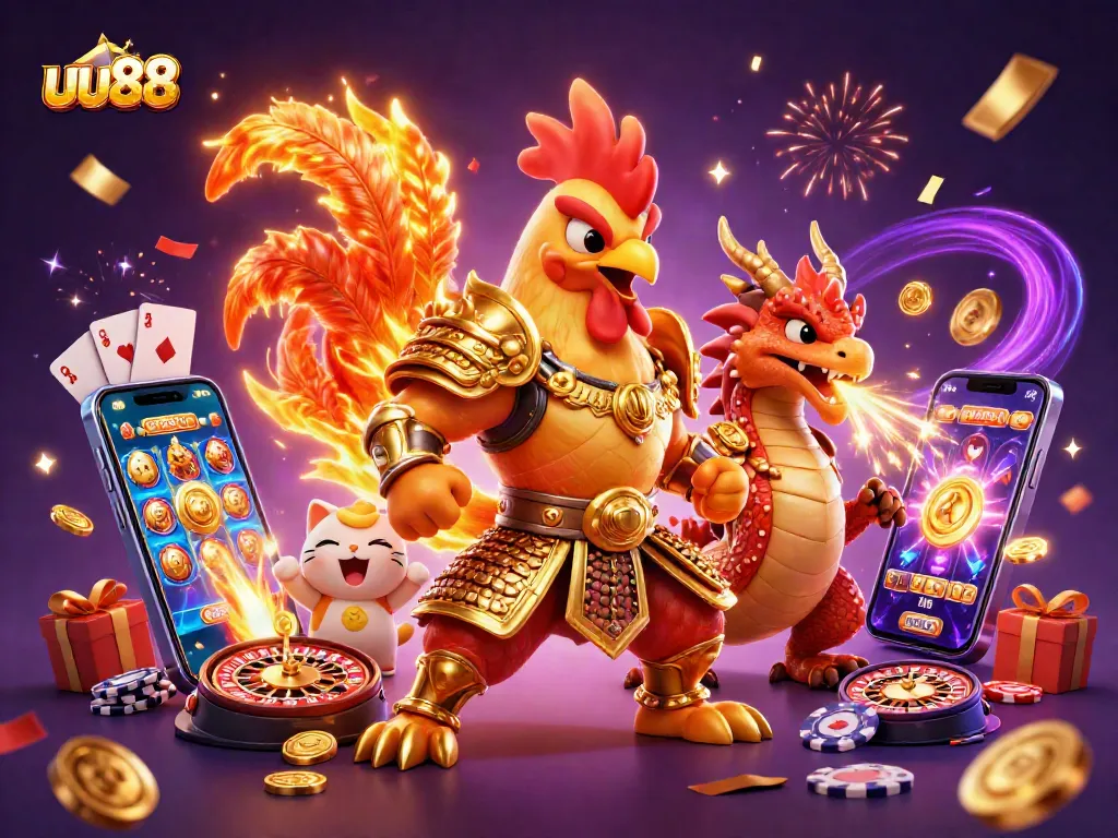 uu88 gaming scene features a fierce rooster warrior and dragon with casino elements.