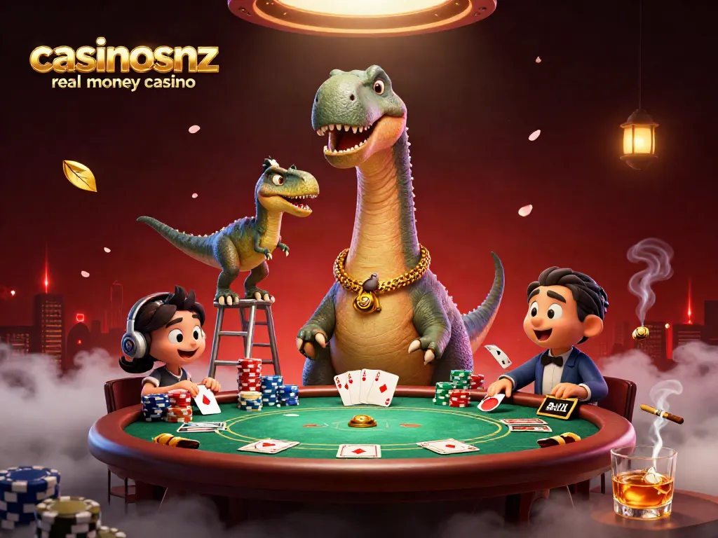 Experience the excitement at casinosnz real money casino, as a brontosaurus peers down at a poker game.