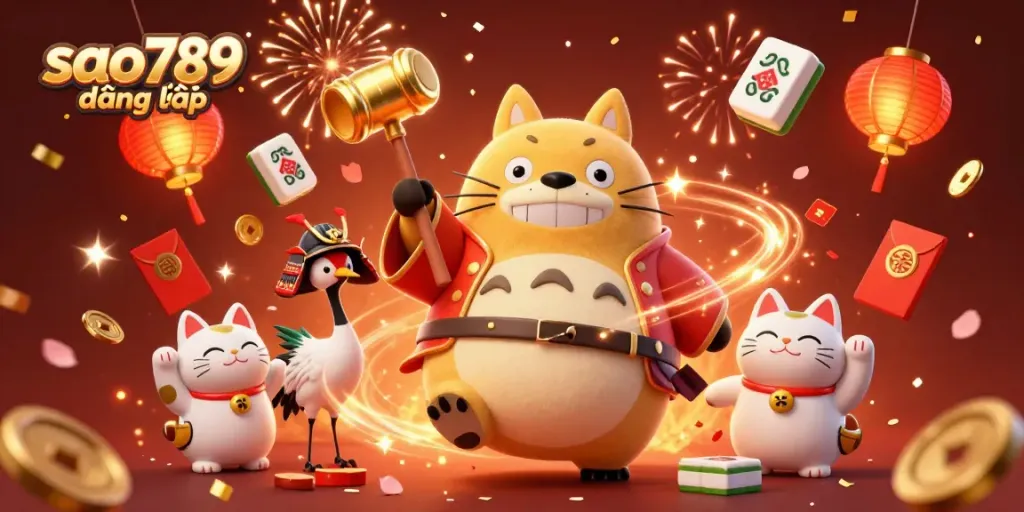 Engage with the vibrant energy of sao789 đăng nhập, where a cheerful tanuki and friends celebrate good fortune with festive elements.