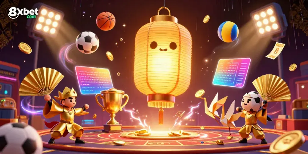 Engage with thrilling gameplay at 8xbet com, a dynamic casino experience featuring illuminated sports elements and vibrant characters.